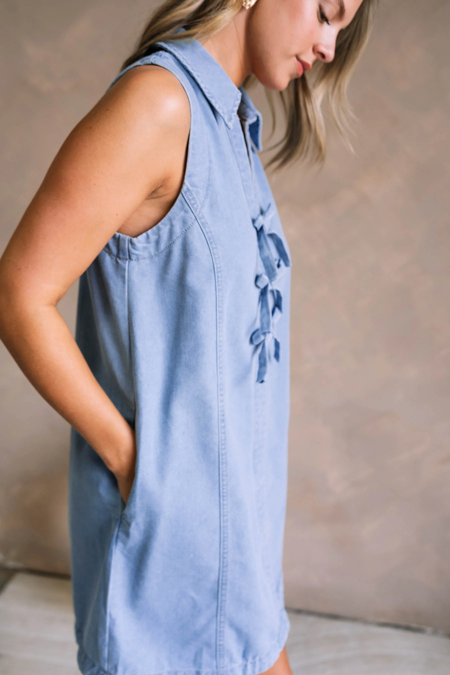 Elyse Light Denim Bows Sleeveless Mini Dress - Image 6