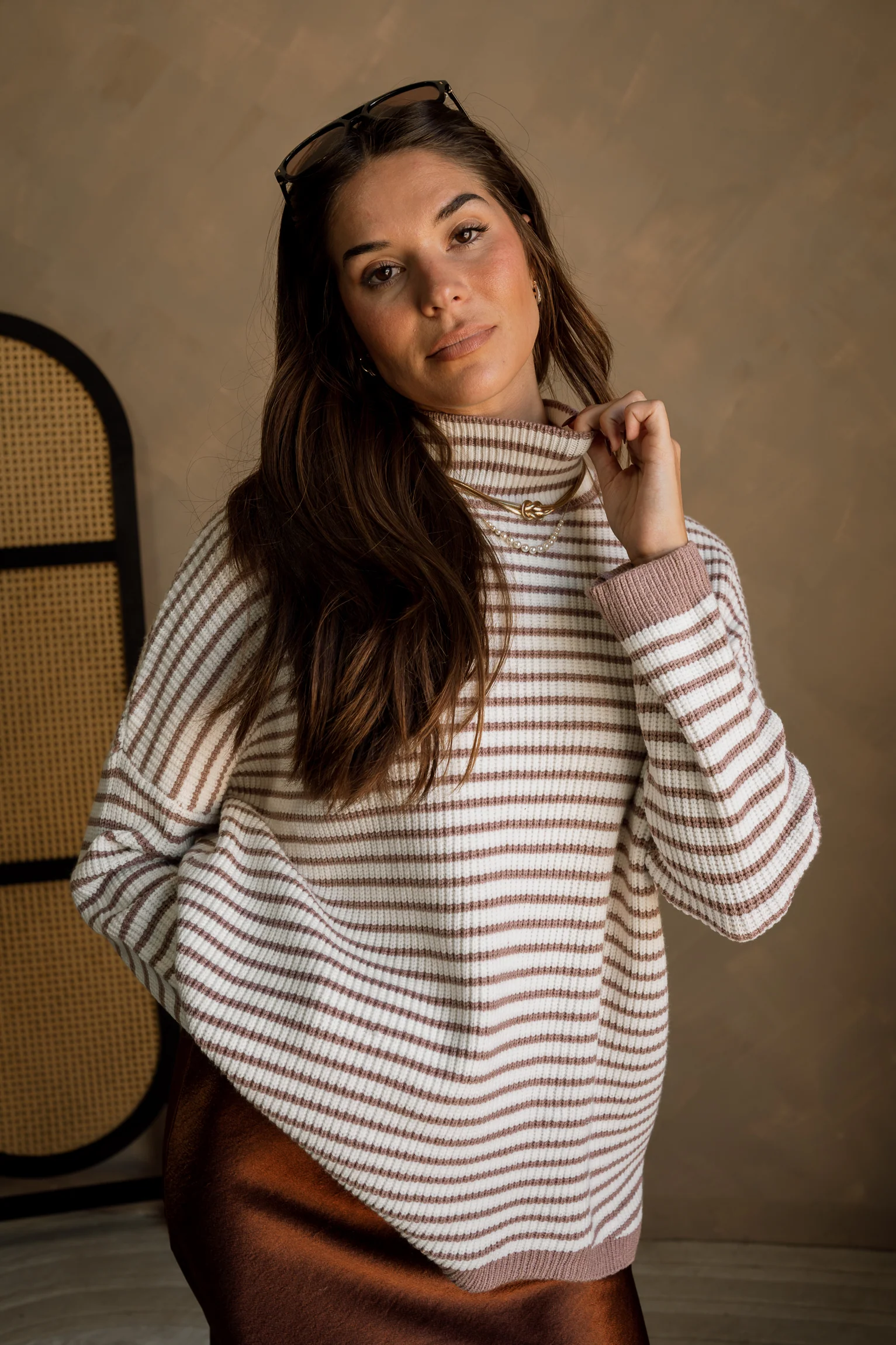 Elyse Mocha & White Stripe Sweater - Image 2