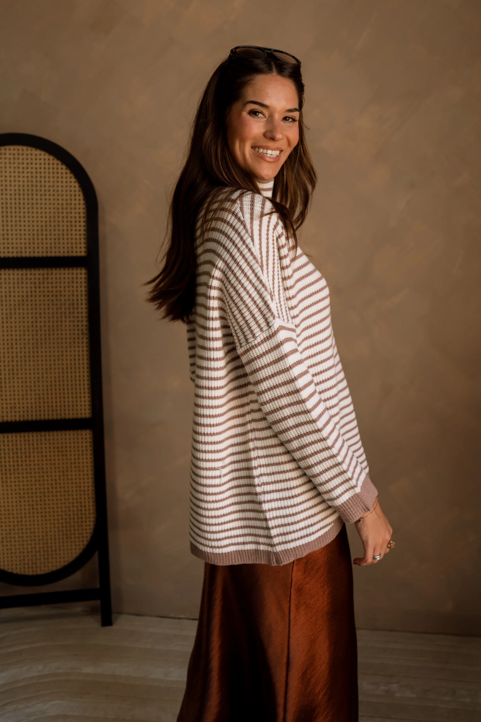 Elyse Mocha & White Stripe Sweater - Image 3