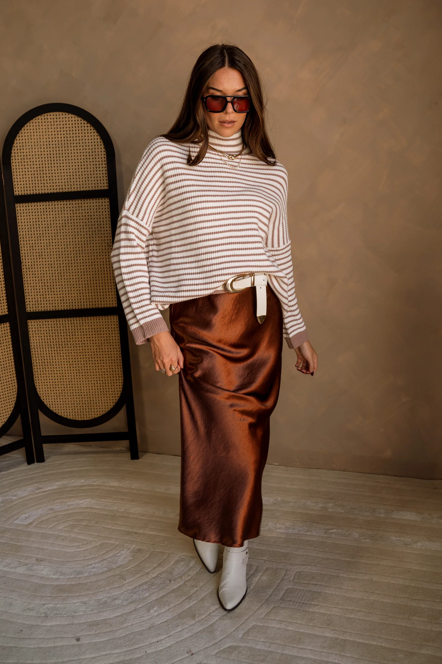 Elyse Mocha & White Stripe Sweater - Image 4