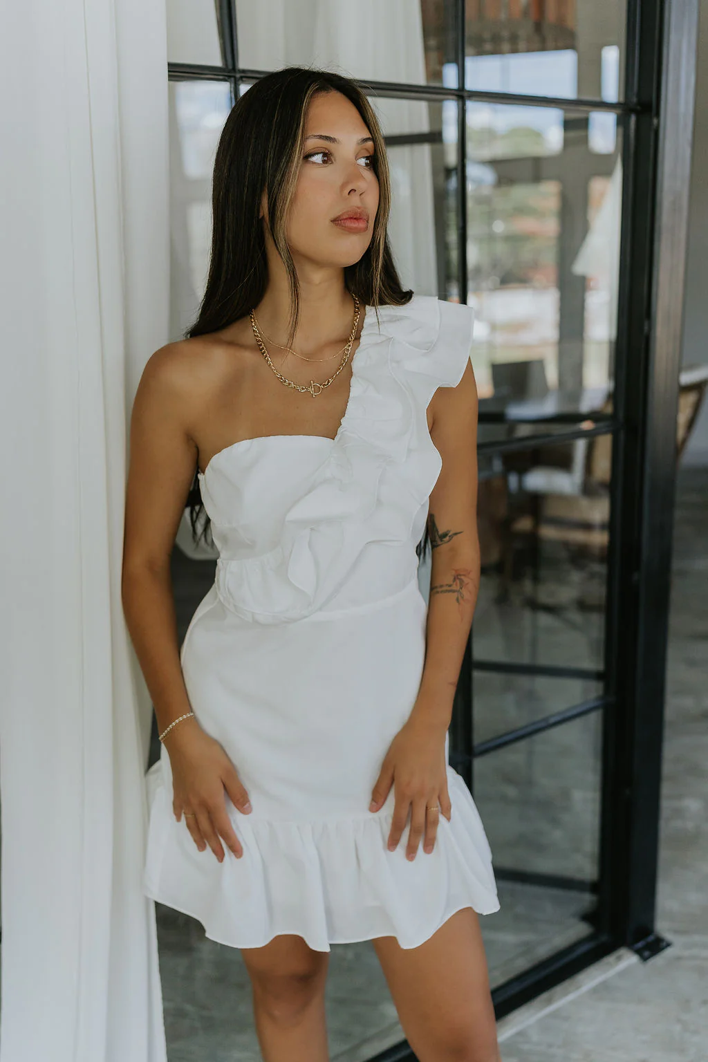 Elyse White Ruffled One Shoulder Dress
