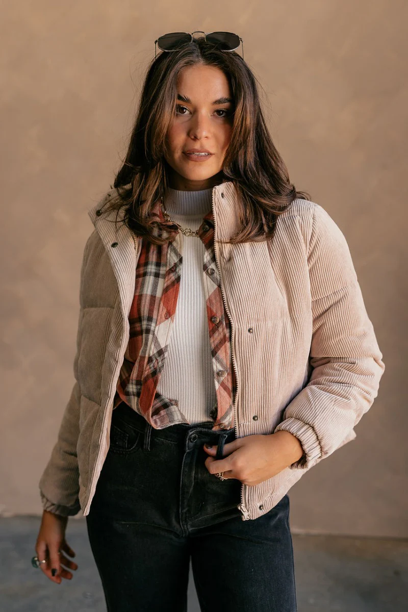 Ember Khaki Corduroy Puffer Jacket - Image 2