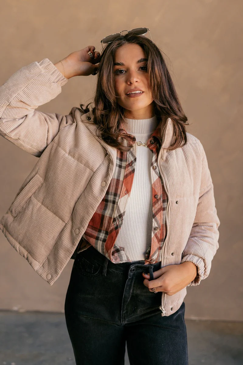 Ember Khaki Corduroy Puffer Jacket - Image 3