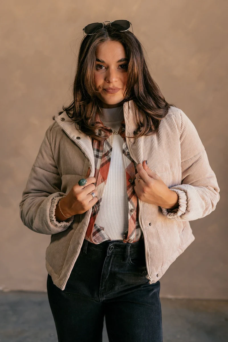 Ember Khaki Corduroy Puffer Jacket - Image 4