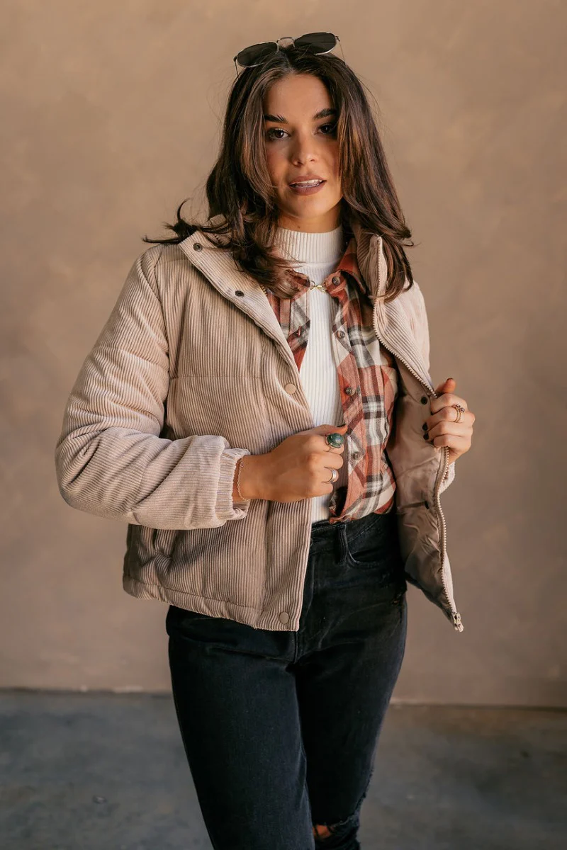 Ember Khaki Corduroy Puffer Jacket - Image 5
