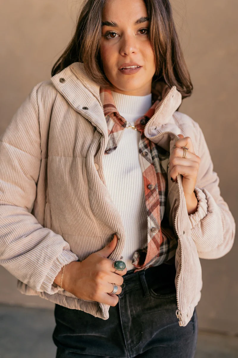 Ember Khaki Corduroy Puffer Jacket - Image 6