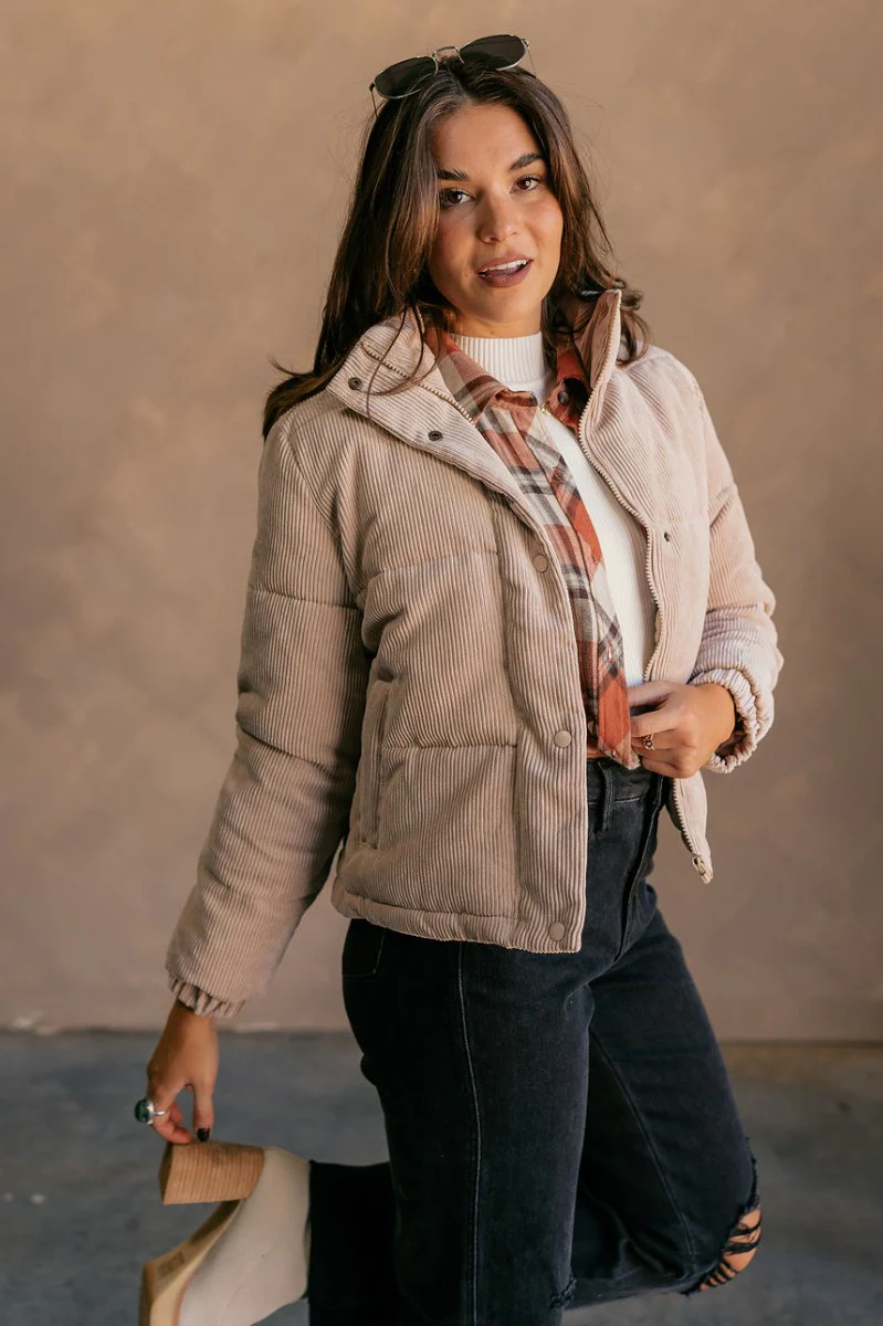Ember Khaki Corduroy Puffer Jacket - Image 7