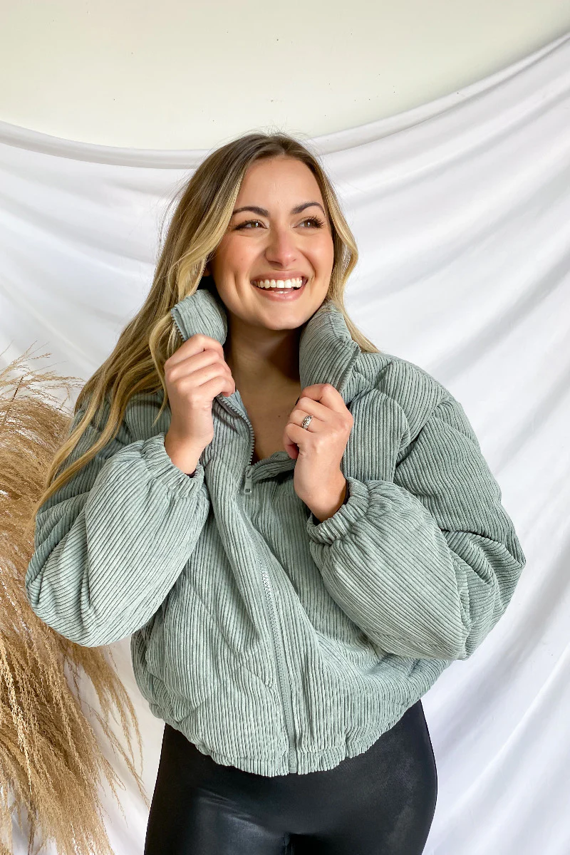 Emerson Corduroy Puffer Jacket in Mint