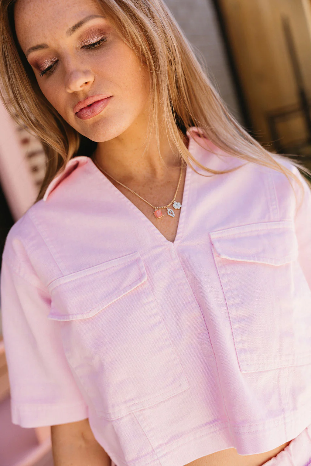 Emerson Light Pink Denim Cropped Top - Image 3