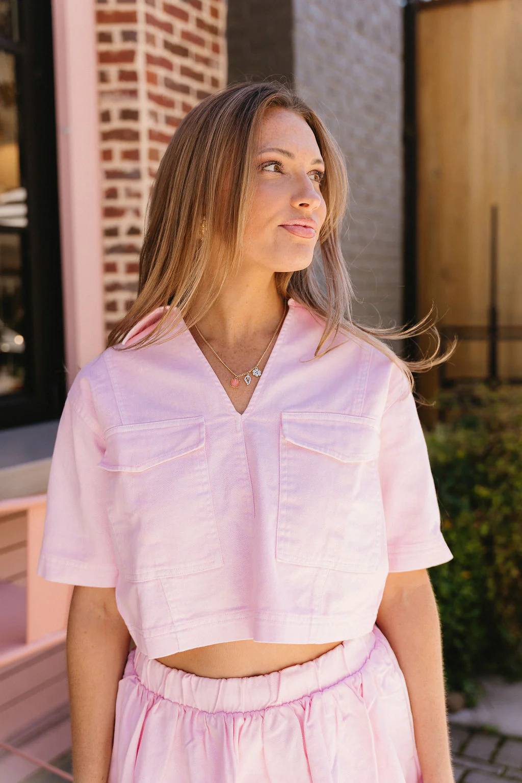 Emerson Light Pink Denim Cropped Top - Image 6