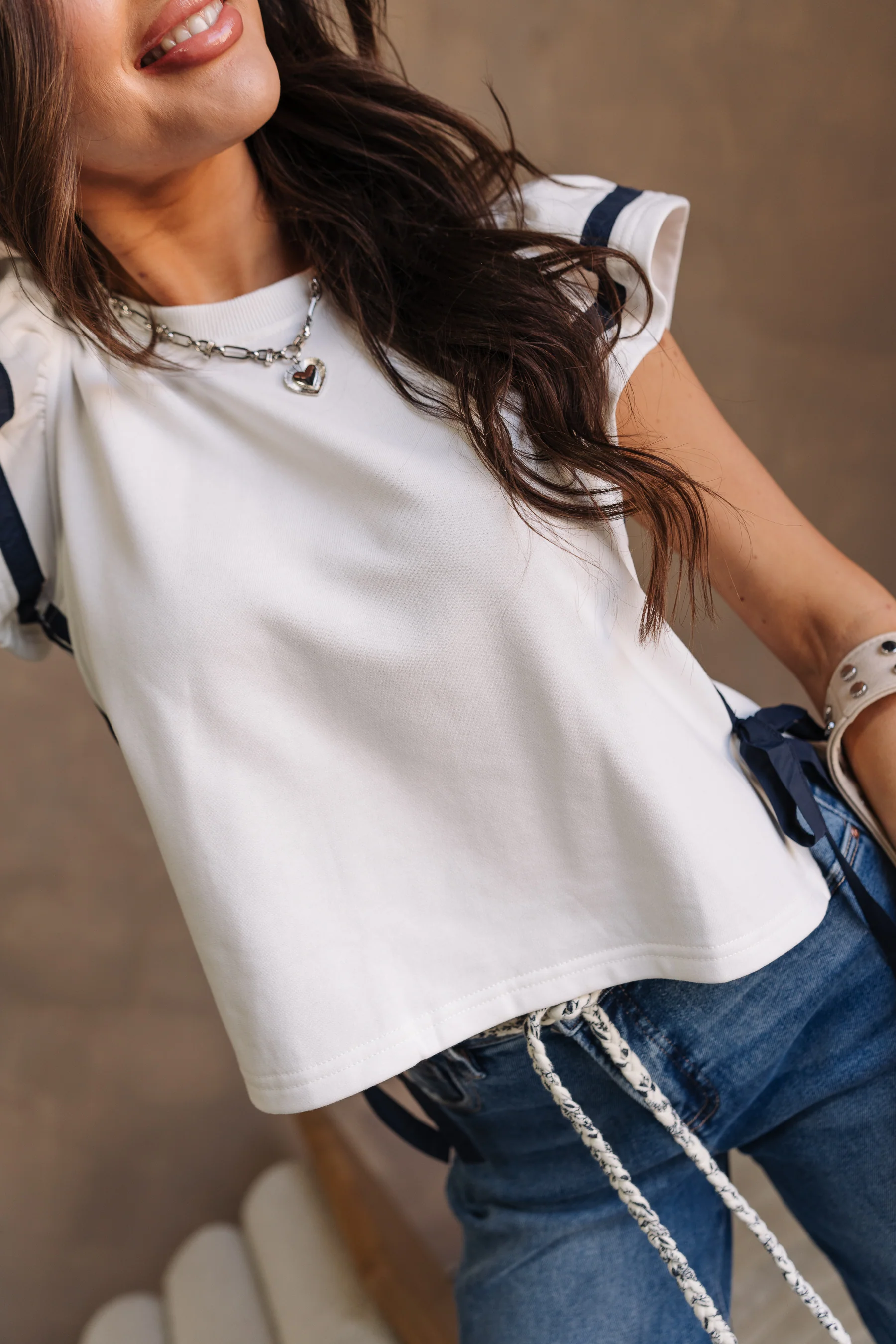 Emerson White & Navy Ruched Sides Top - Image 7