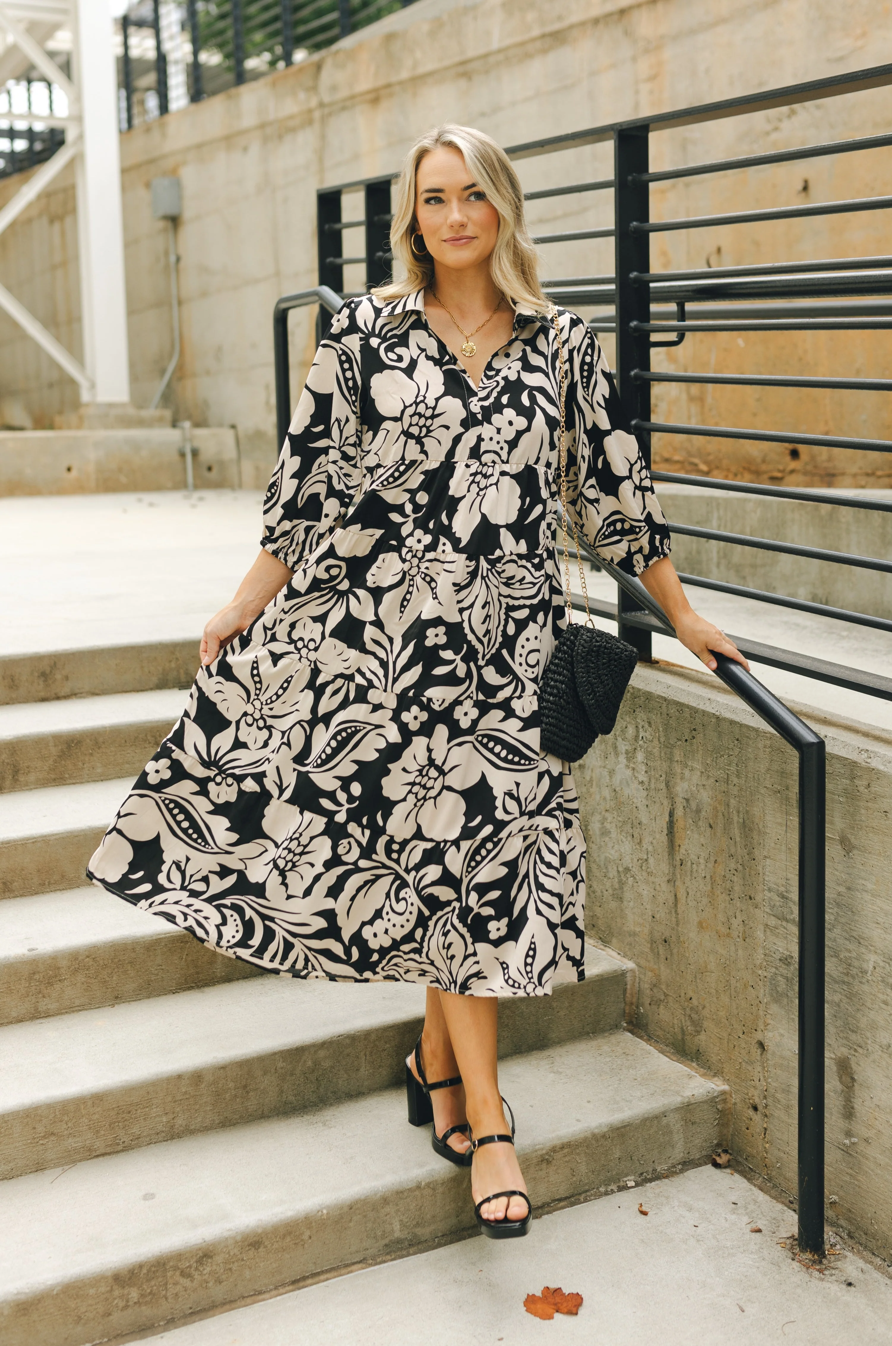 Emilia Black and Cream Floral Midi Dress