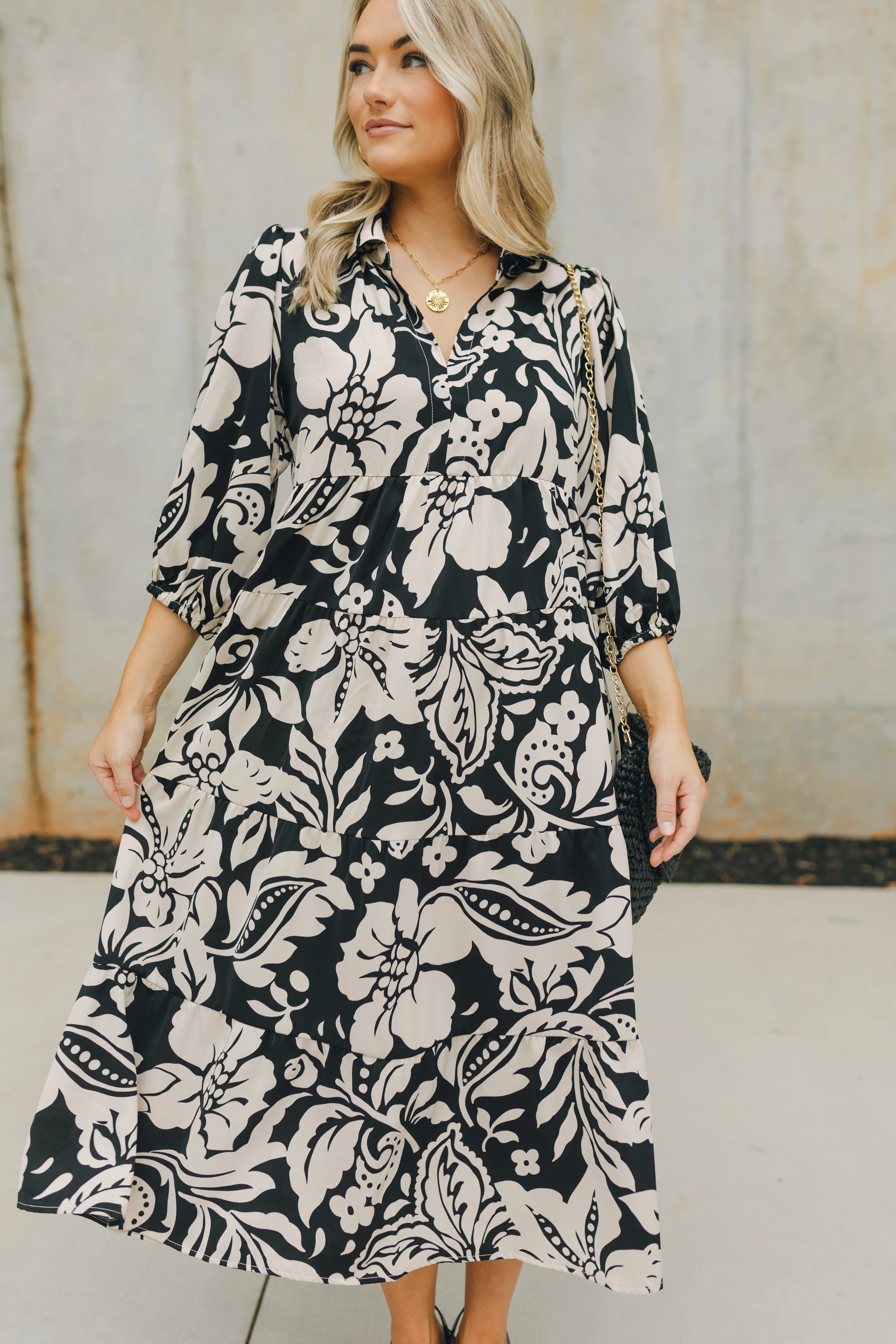 Emilia Black and Cream Floral Midi Dress - Image 3