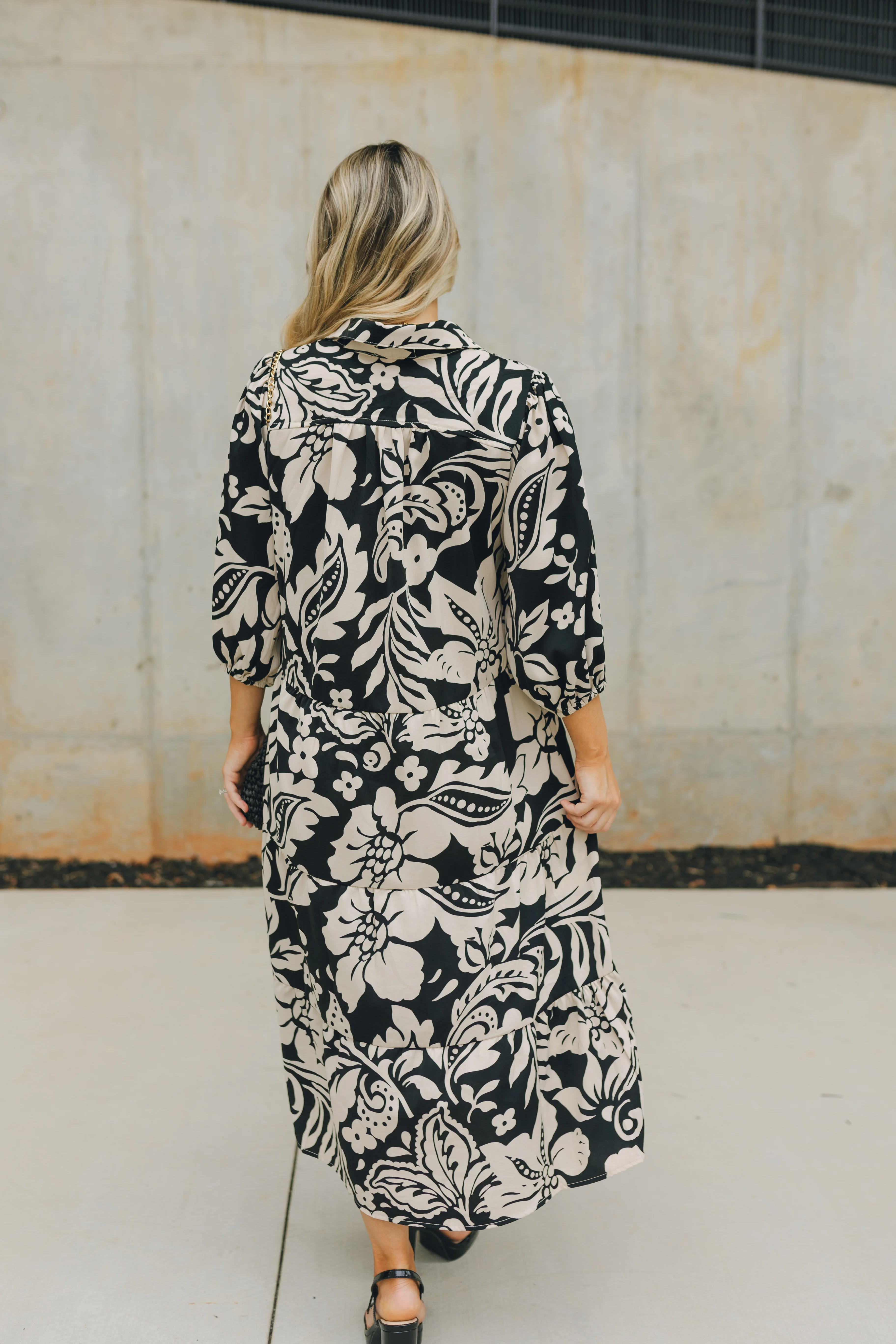 Emilia Black and Cream Floral Midi Dress - Image 4