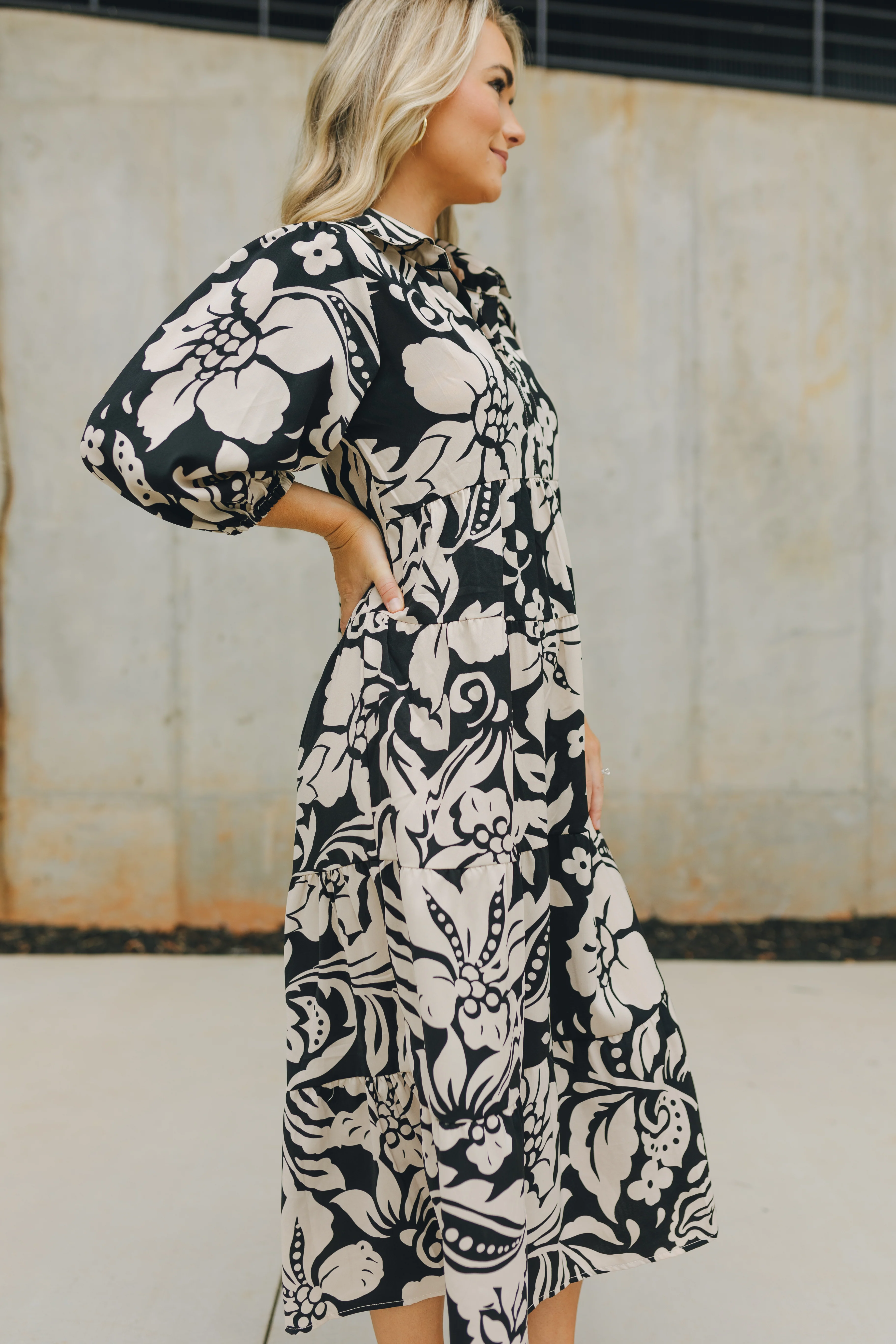 Emilia Black and Cream Floral Midi Dress - Image 5