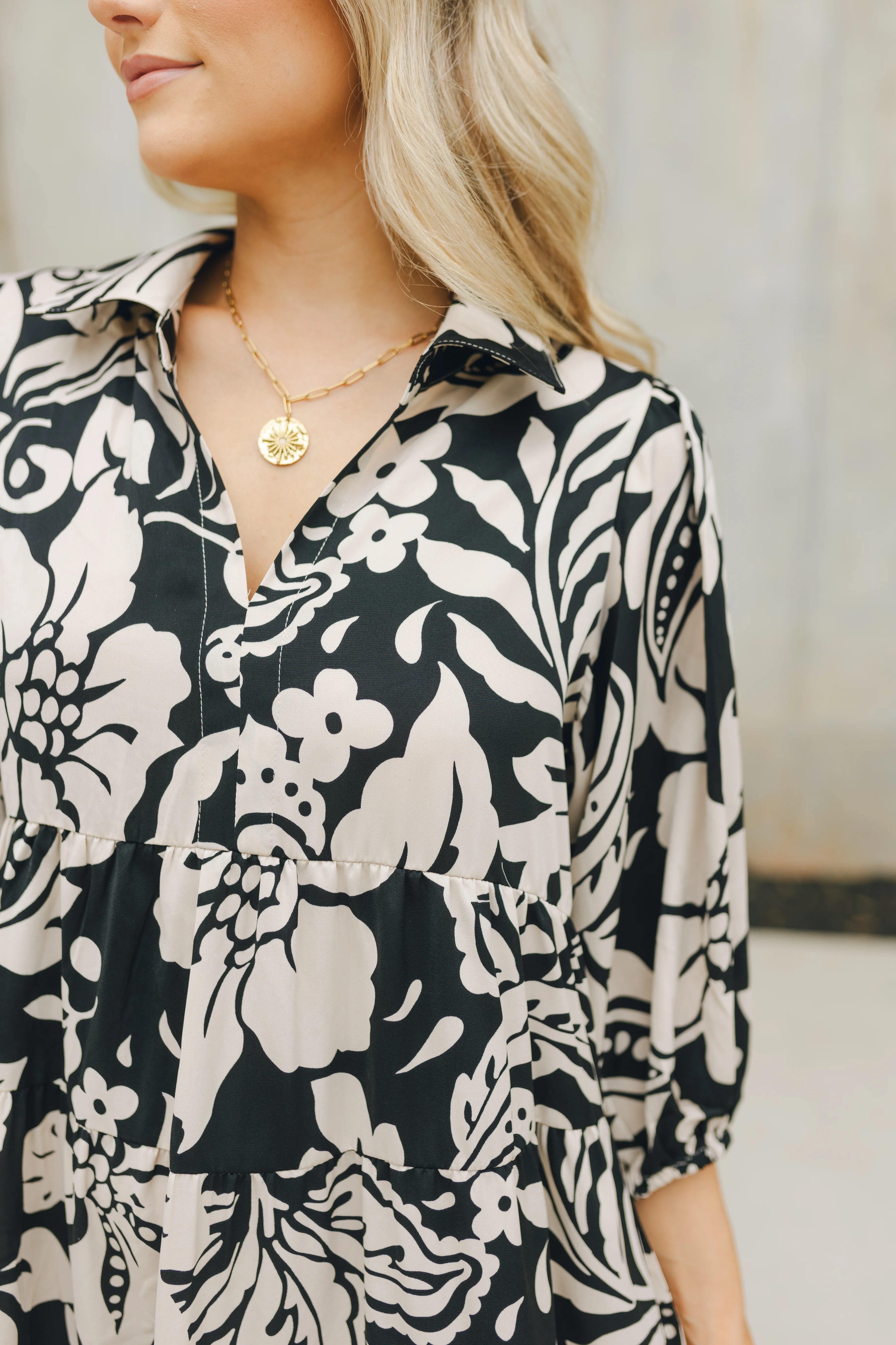 Emilia Black and Cream Floral Midi Dress - Image 6