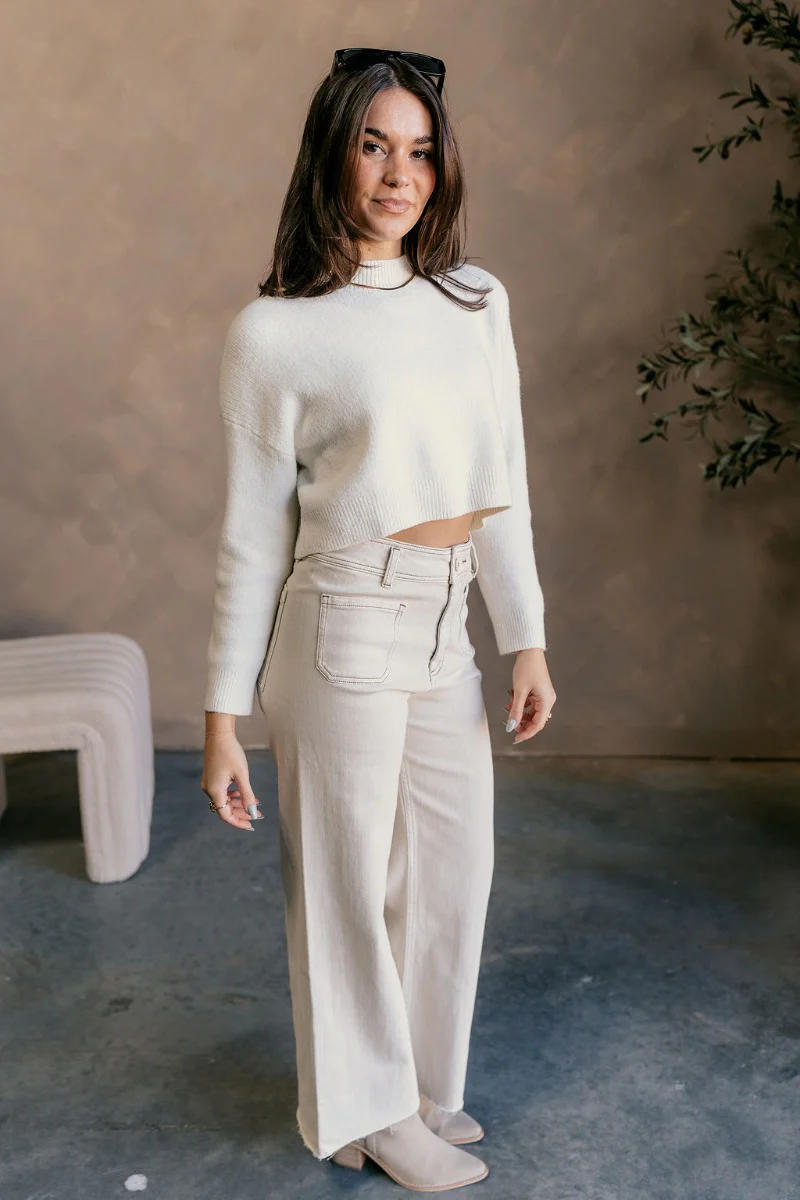 Emily Ivory Cropped Long Sleeve Sweater - Image 6