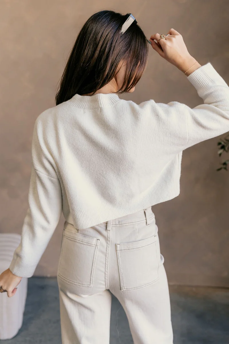 Emily Ivory Cropped Long Sleeve Sweater - Image 8