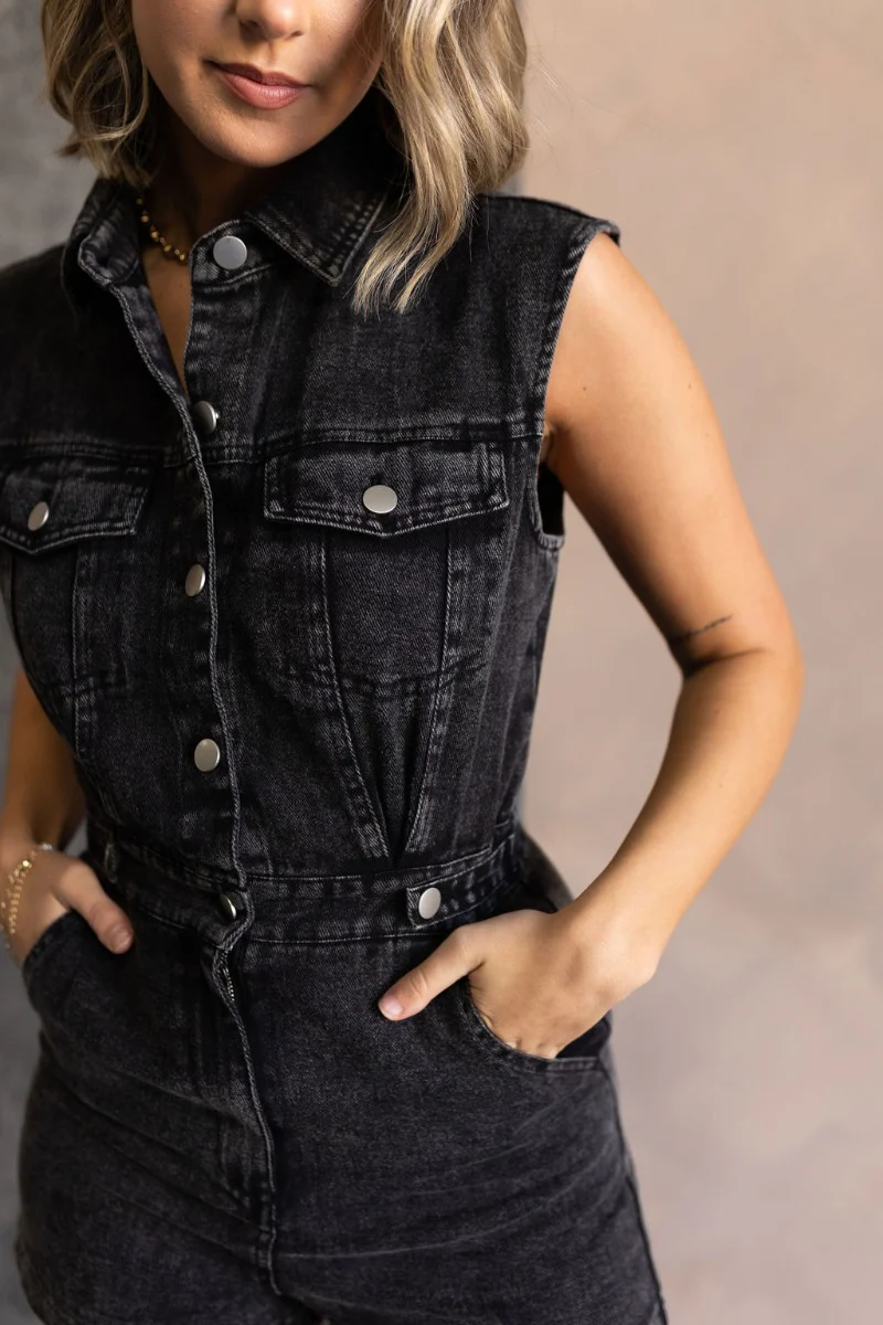 Emily Washed Black Denim Sleeveless Romper - Image 4