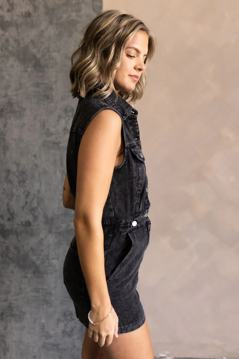 Emily Washed Black Denim Sleeveless Romper - Image 5