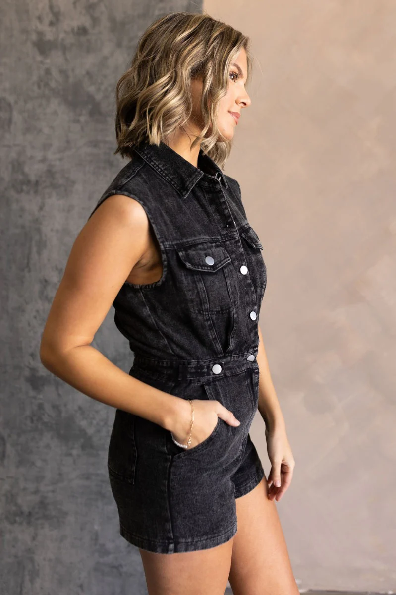 Emily Washed Black Denim Sleeveless Romper - Image 6