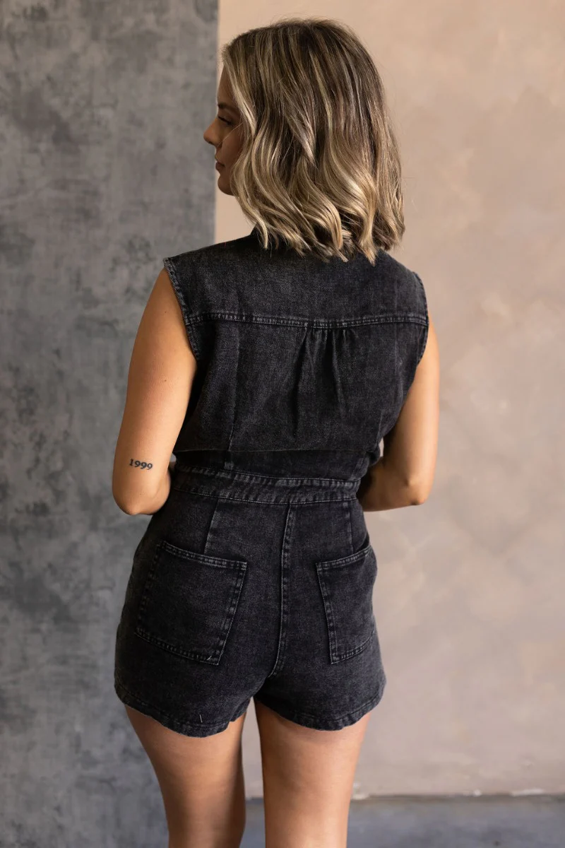 Emily Washed Black Denim Sleeveless Romper - Image 8