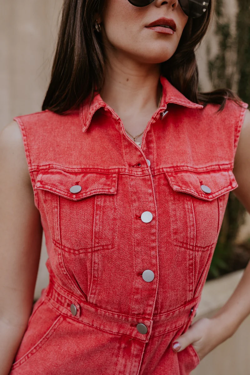 Emily Washed Red Denim Romper - Image 5