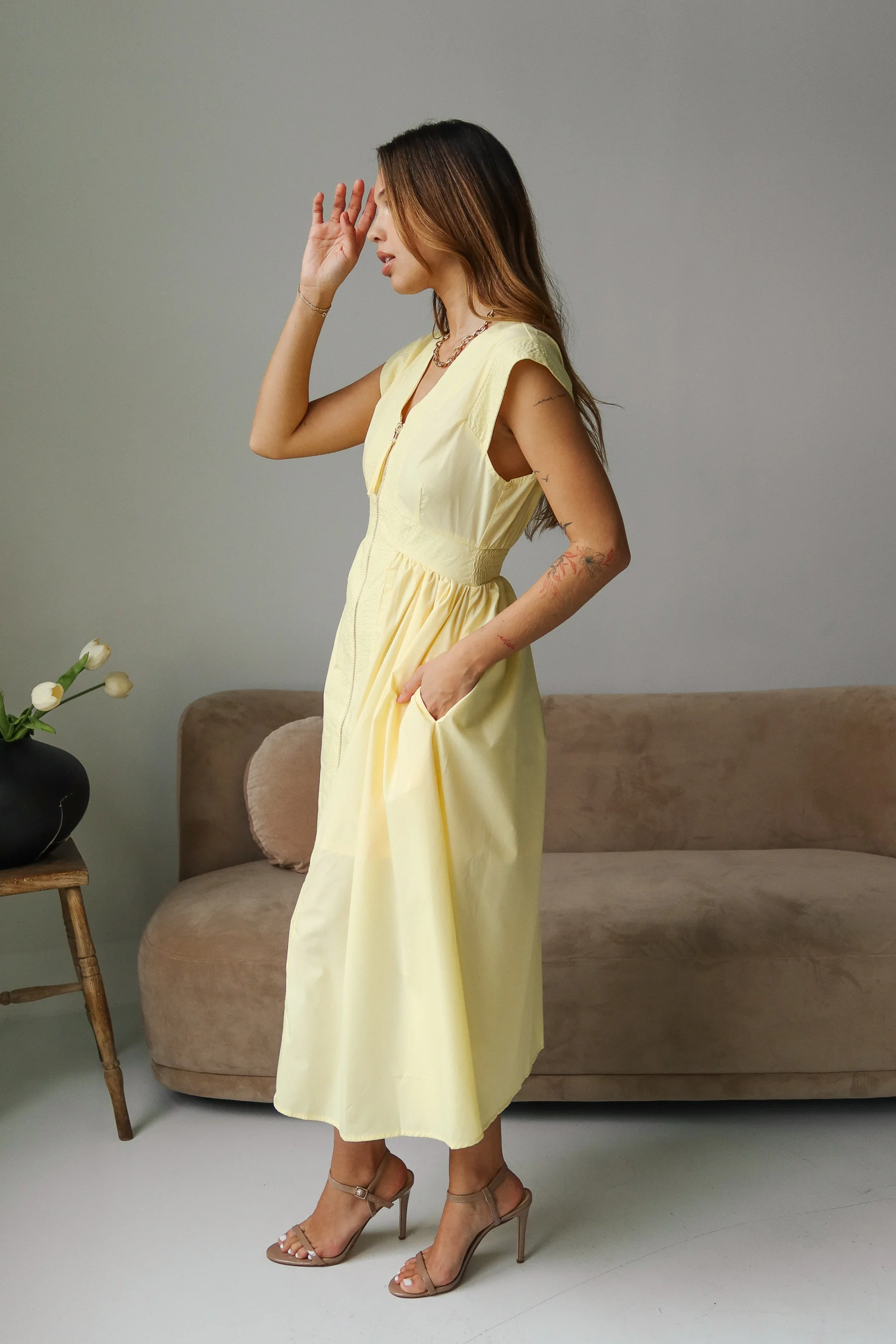 Emily Yellow Front Zip-Up Midi Dress - Image 3