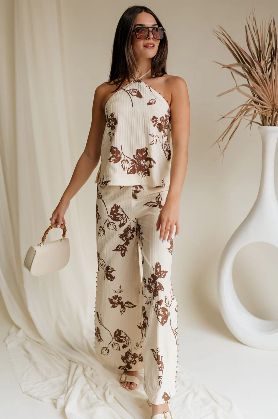 Emma Cream & Brown Floral Slit Pants