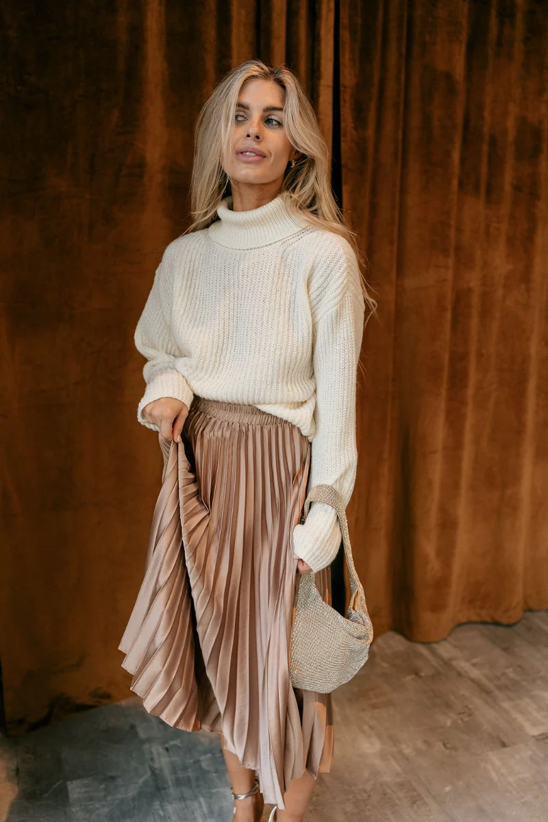 Emmie Taupe Satin Pleated Midi Skirt - Image 2
