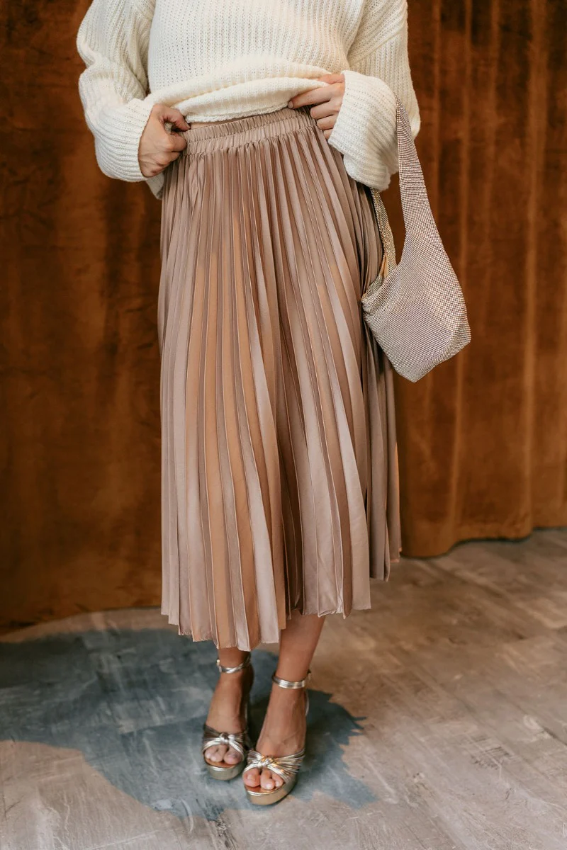 Emmie Taupe Satin Pleated Midi Skirt - Image 3