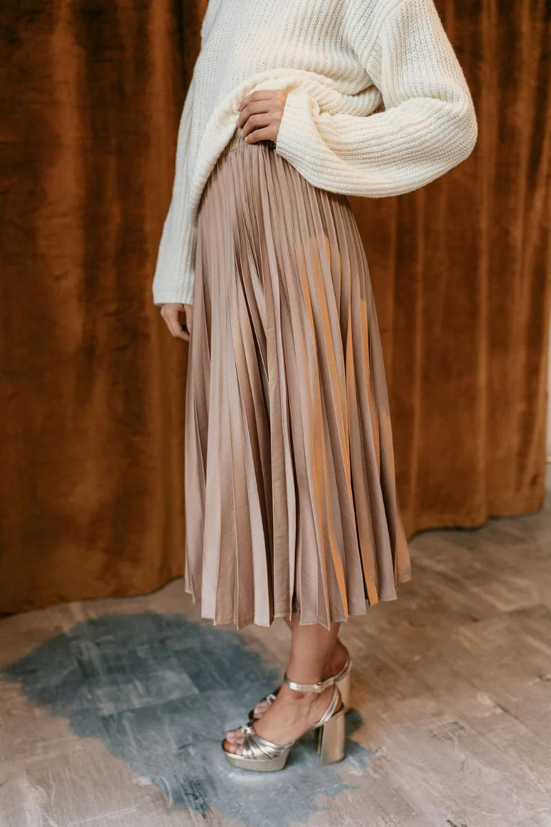 Emmie Taupe Satin Pleated Midi Skirt - Image 5