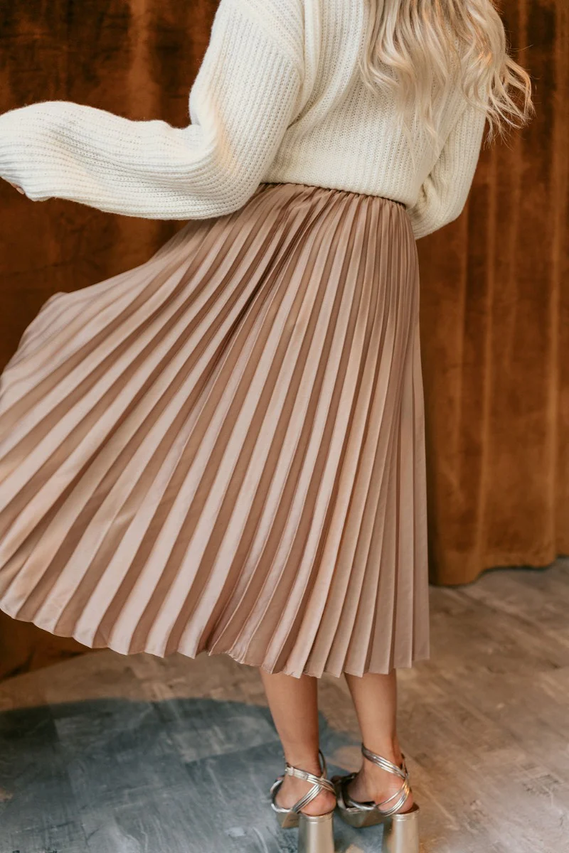 Emmie Taupe Satin Pleated Midi Skirt - Image 7