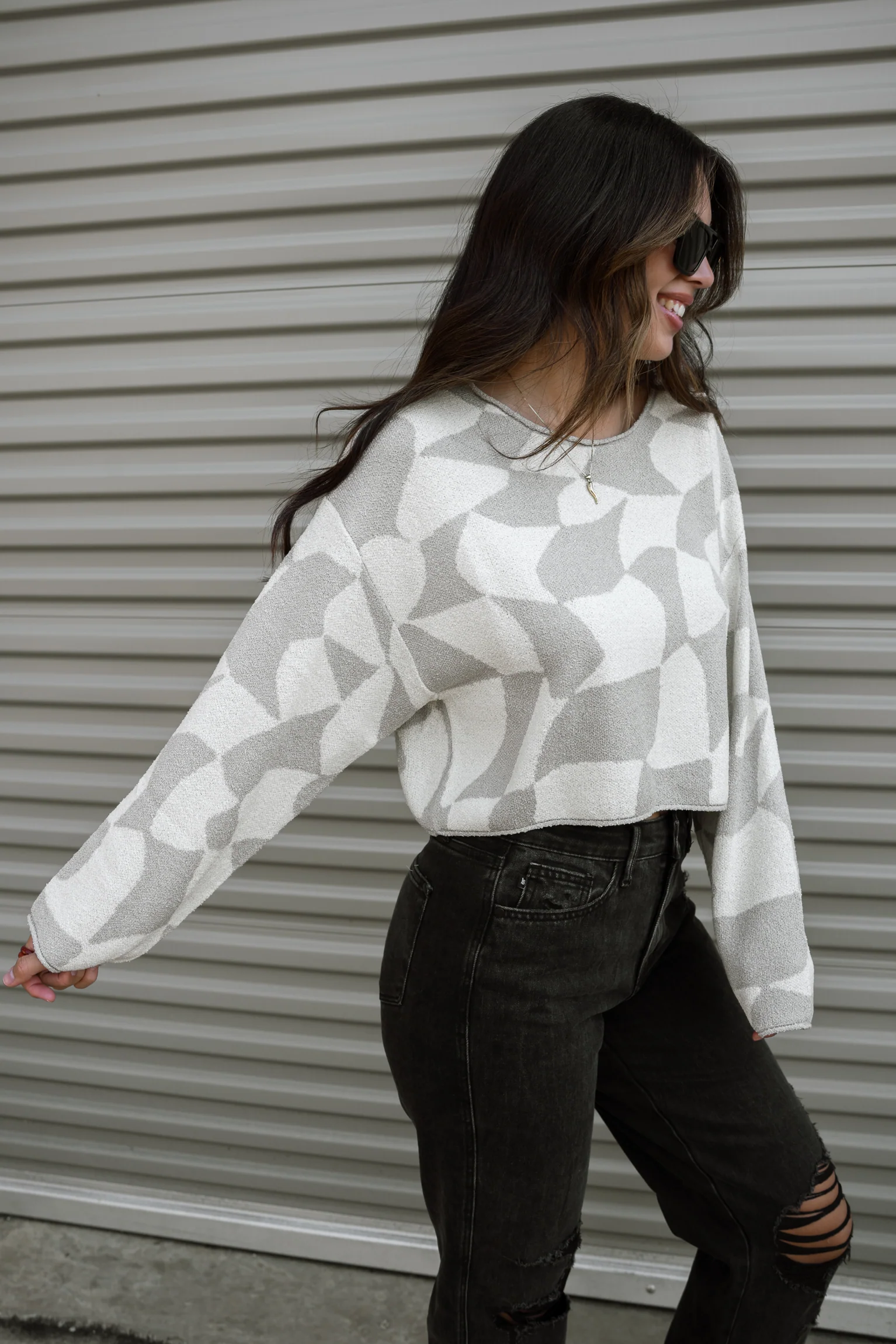 Erica Grey & Cream Geometric Print Sweater - Image 5