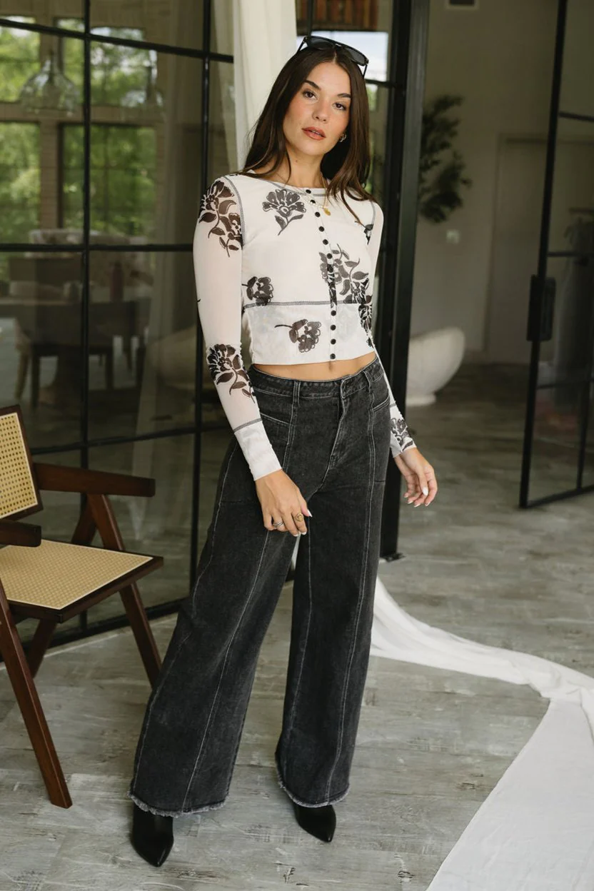 Erika Cream & Black Floral Mesh Top - Image 2