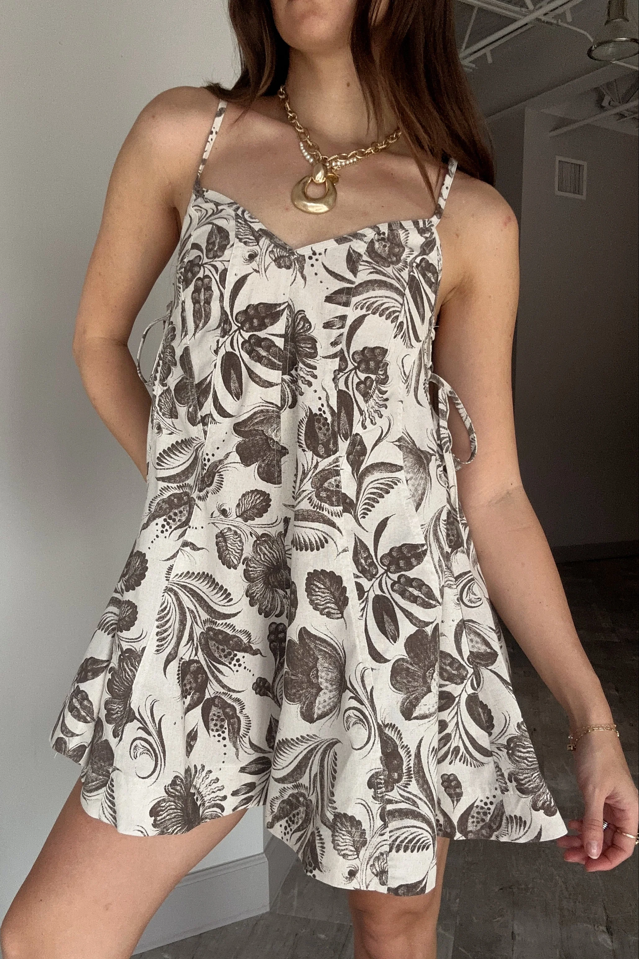 Esme Brown & Natural Linen Floral Mini Dress