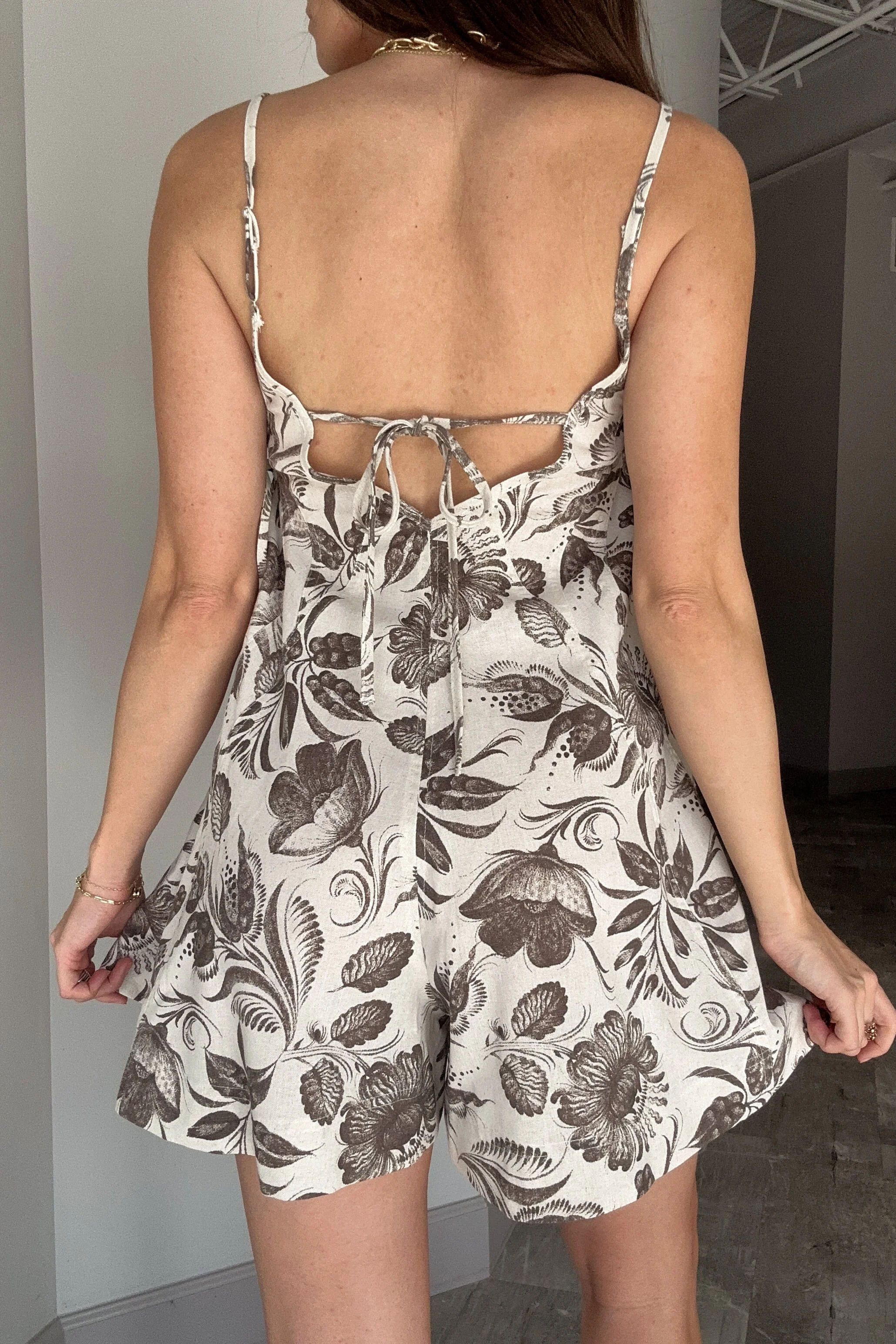 Esme Brown & Natural Linen Floral Mini Dress - Image 4