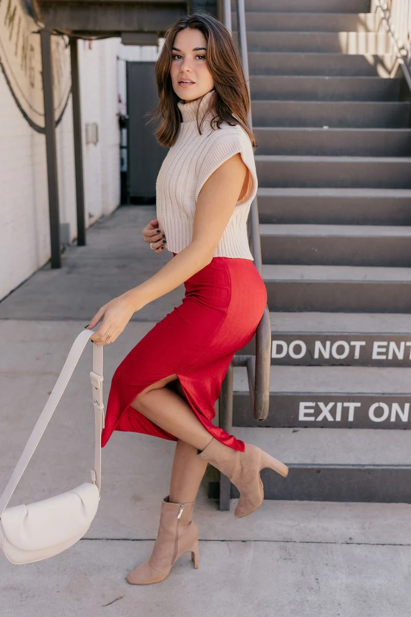 Esme Red Metallic Midi Skirt - Image 7
