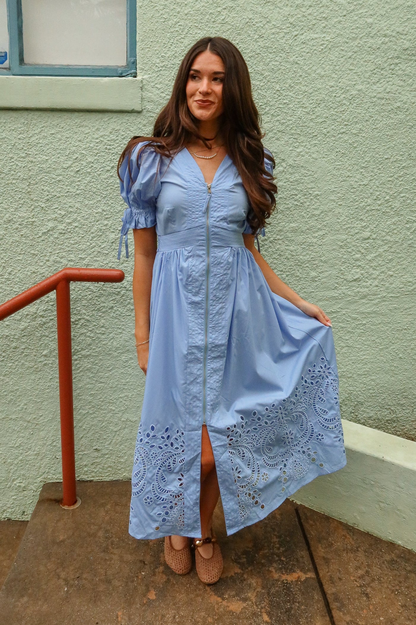 Estella Blue Eyelet Zip-Up Midi Dress