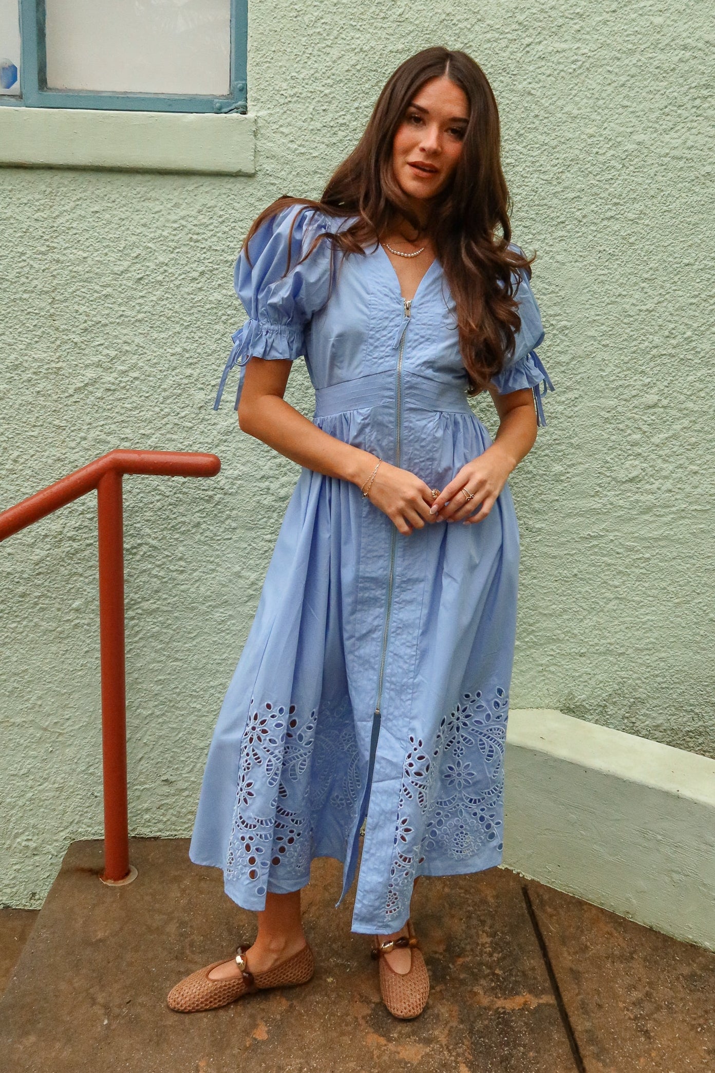 Estella Blue Eyelet Zip-Up Midi Dress - Image 2