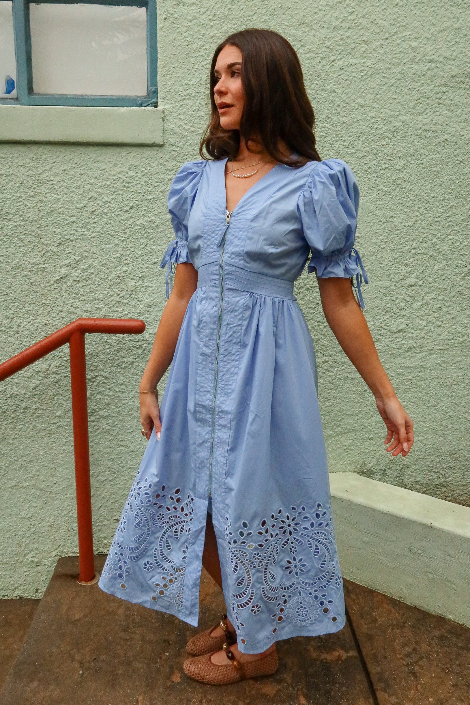 Estella Blue Eyelet Zip-Up Midi Dress - Image 7