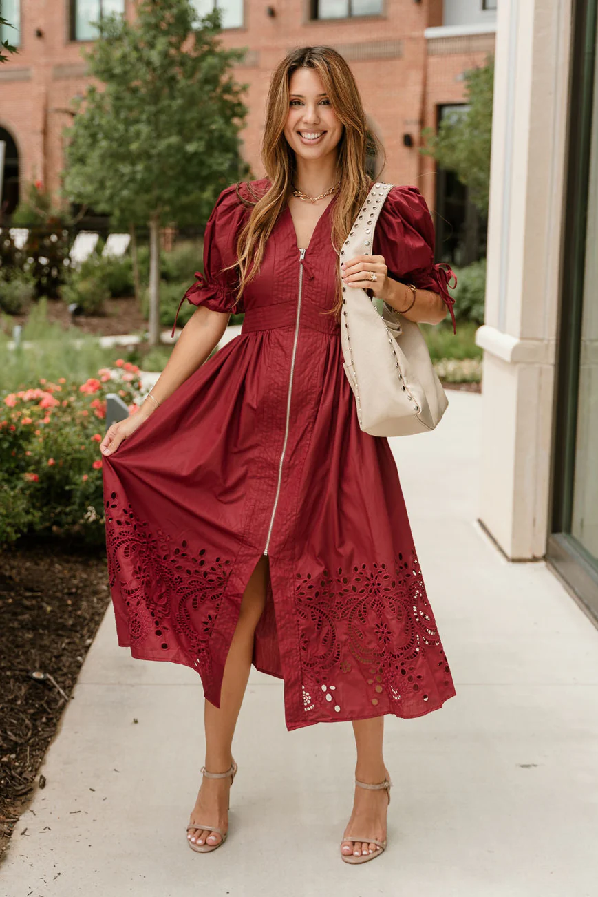 Estella Deep Rust Eyelet Zip-Up Midi Dress