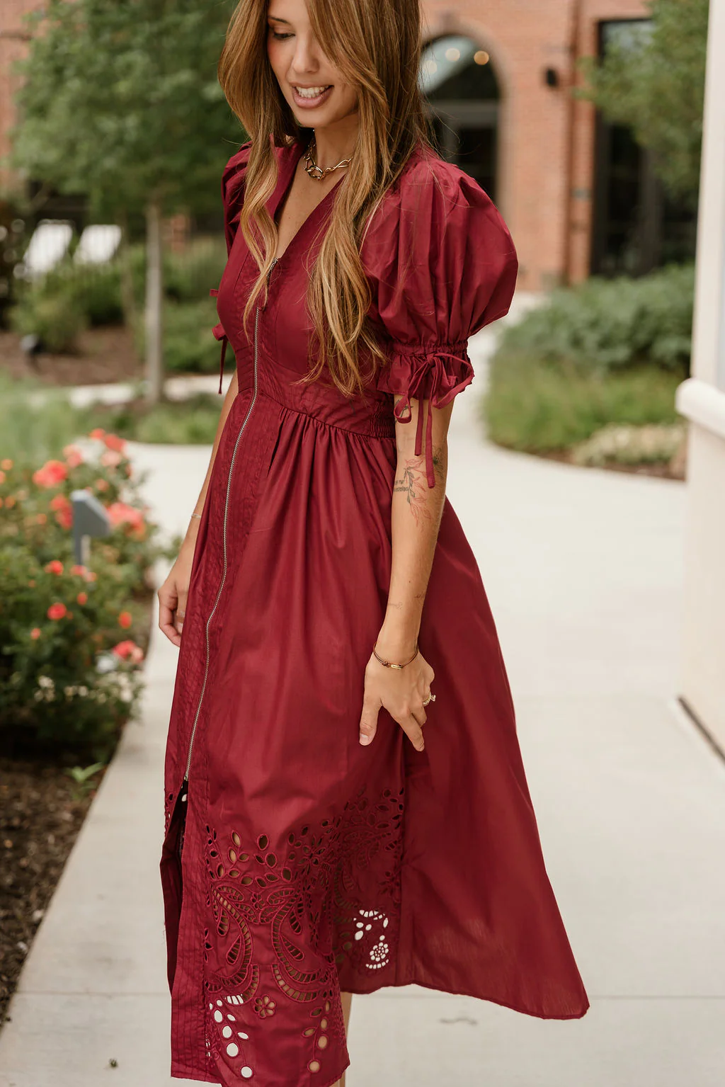 Estella Deep Rust Eyelet Zip-Up Midi Dress - Image 10