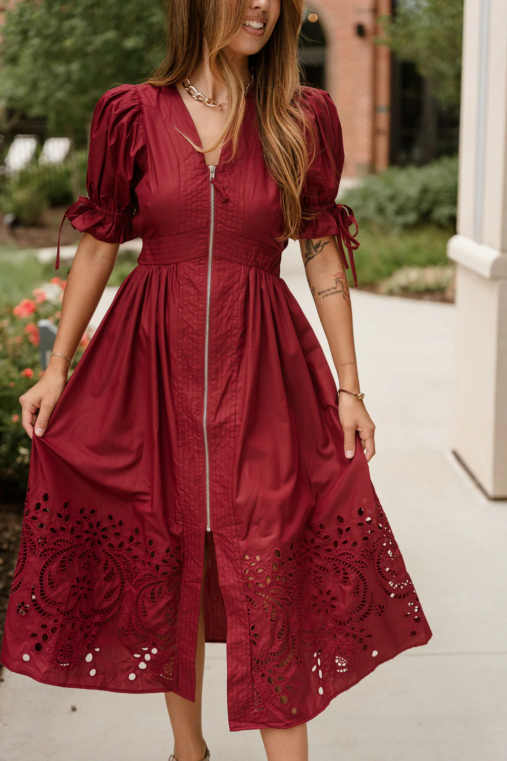 Estella Deep Rust Eyelet Zip-Up Midi Dress - Image 2