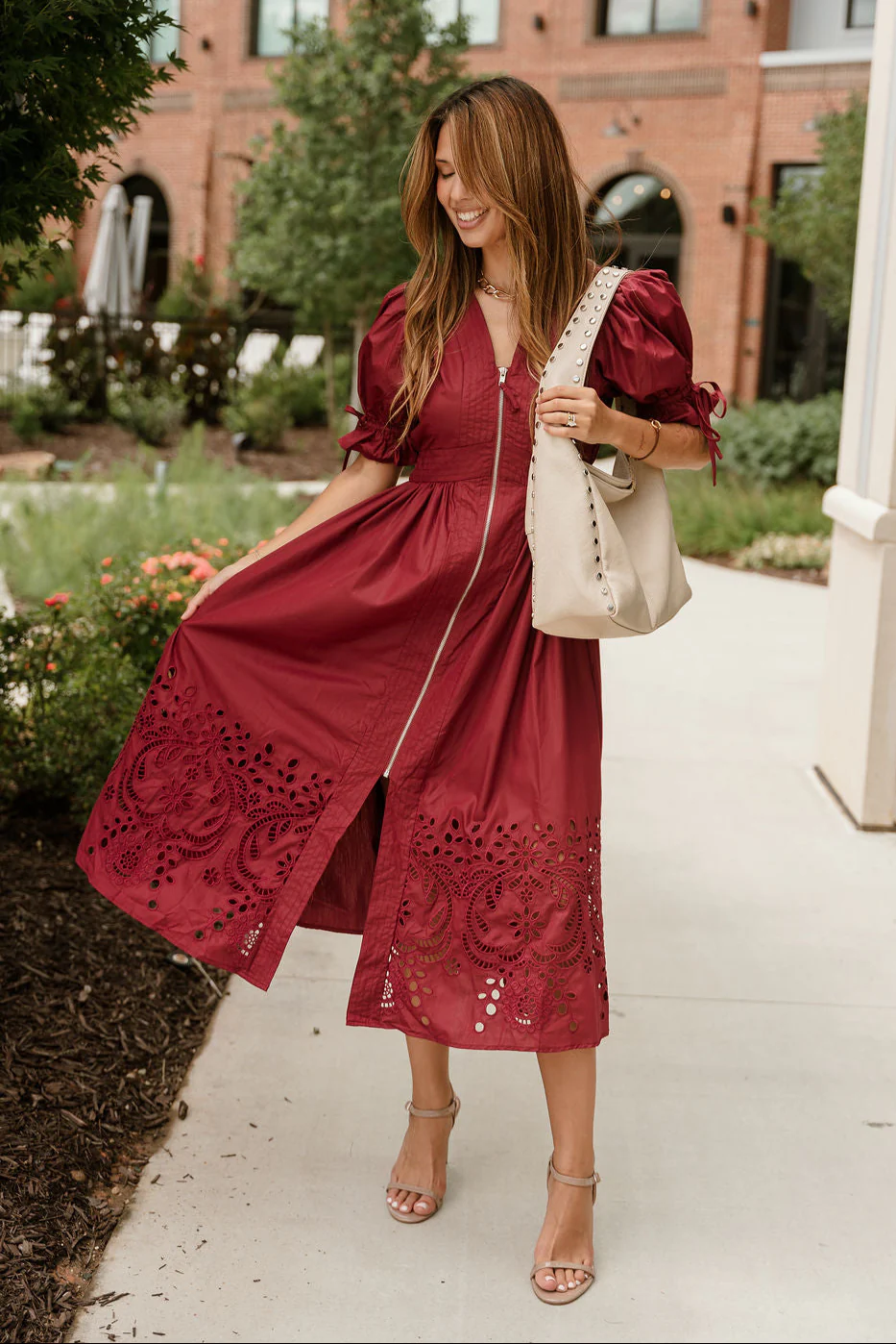 Estella Deep Rust Eyelet Zip-Up Midi Dress - Image 5