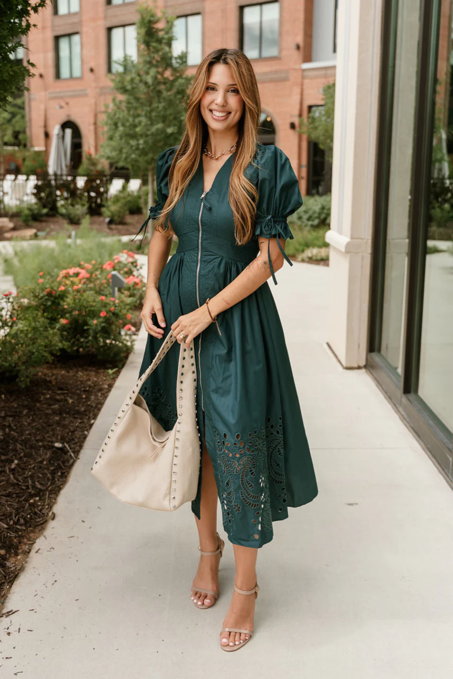 Estella Teal Eyelet Zip-Up Midi Dress