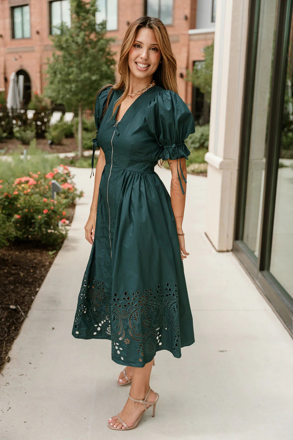 Estella Teal Eyelet Zip-Up Midi Dress - Image 9