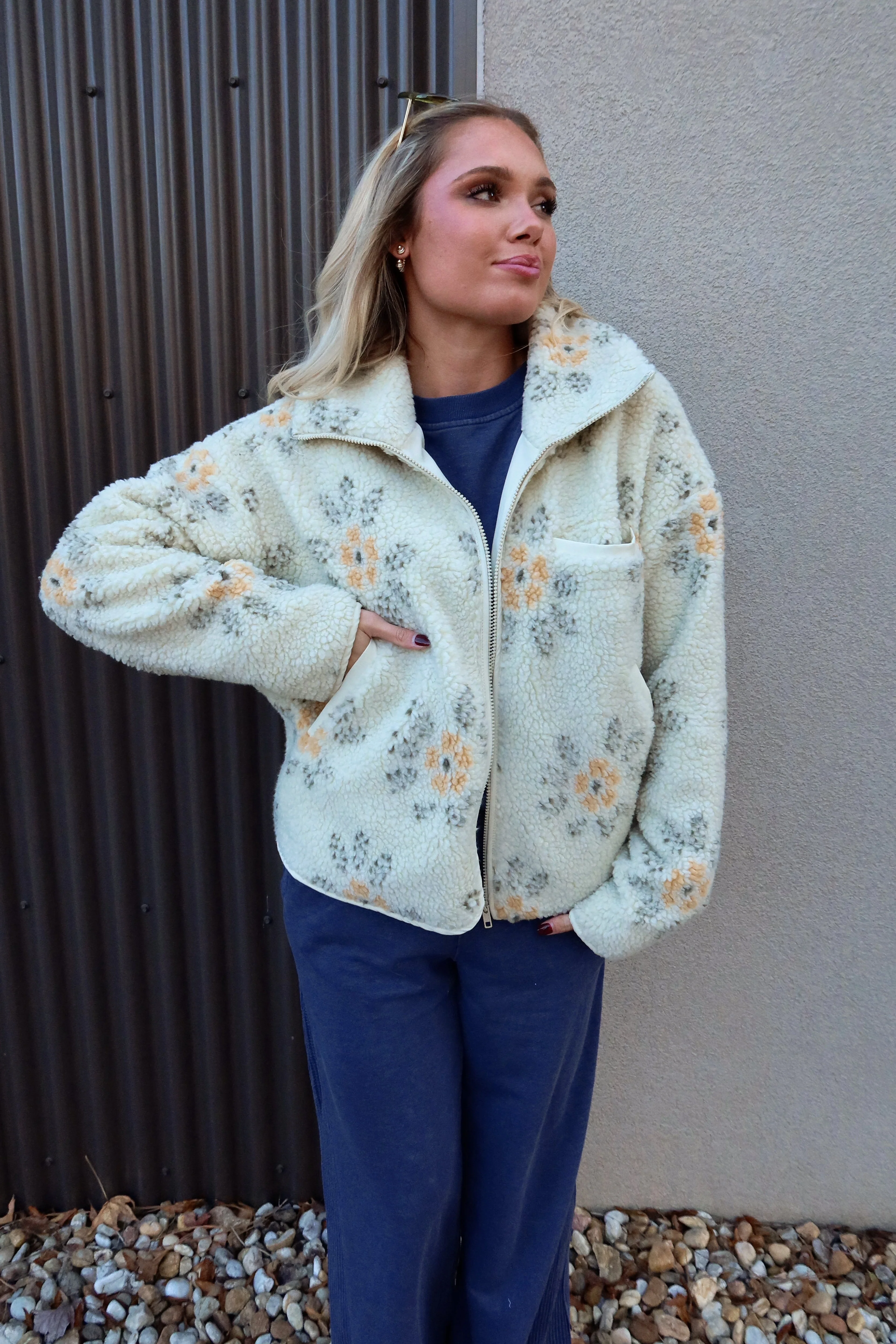 Esther Cream Multi Floral Sherpa Jacket - Image 2