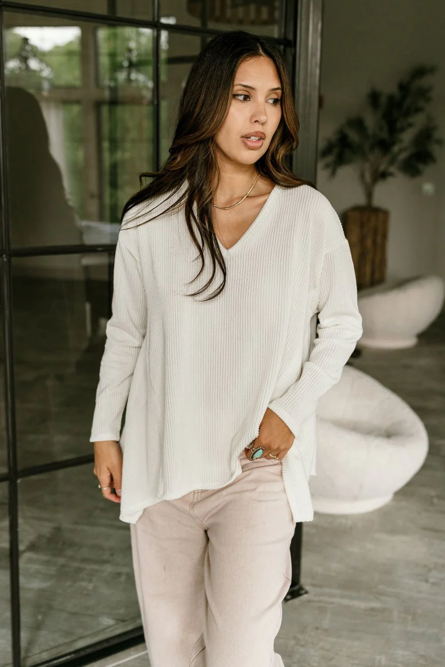 Willow Off White Ribbed Long Sleeve Top