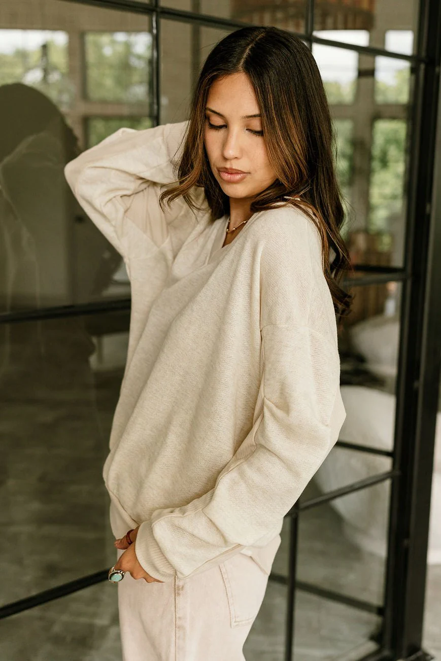 Vivian Oatmeal Ribbed Long Sleeve Sweatshirt - Image 3